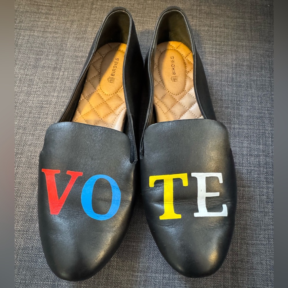 BIRDIES Special Edition Black Leather 'VOTE' Slip-On Loafers Size 10.5